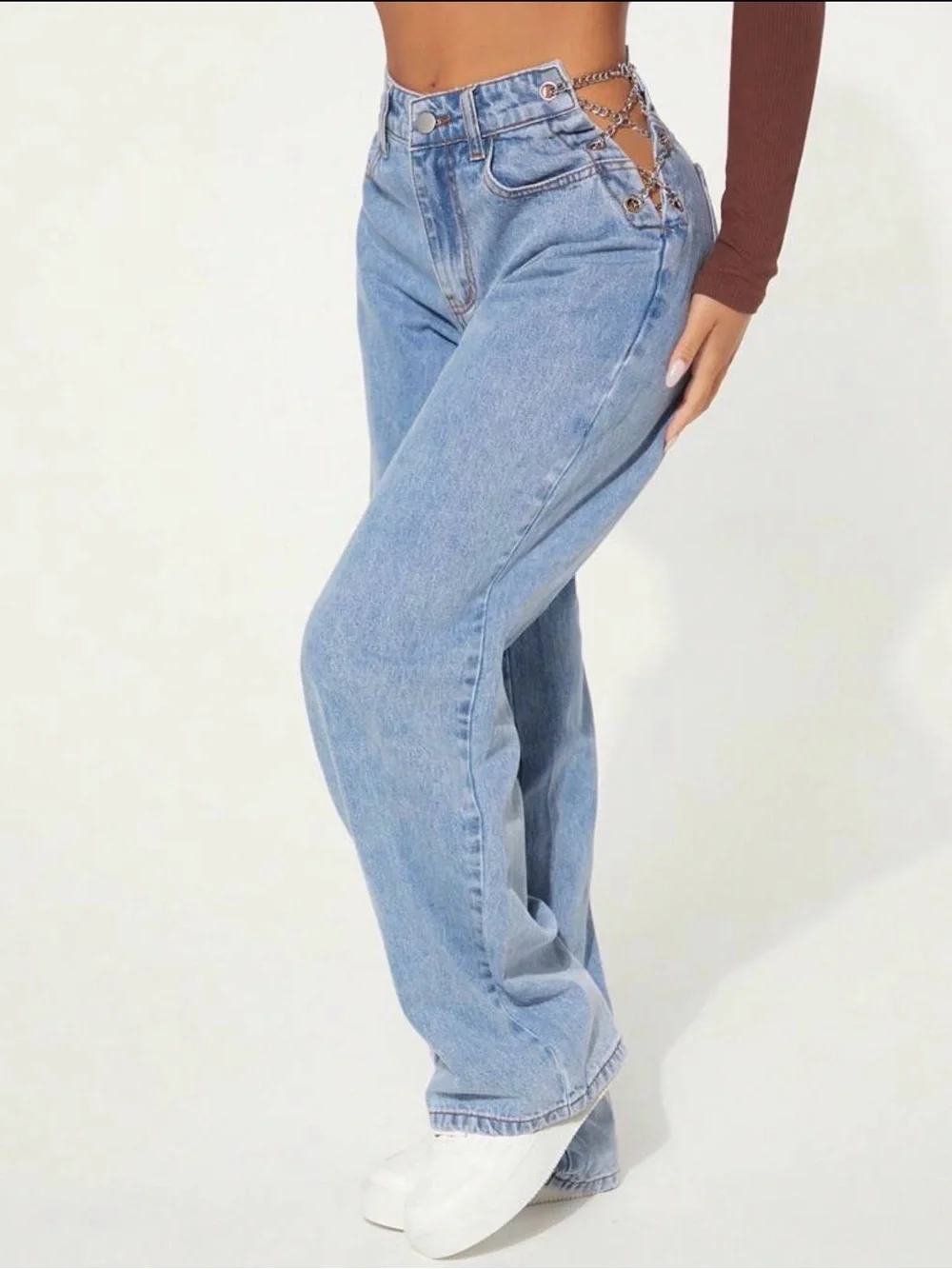 High-Waist Wide Leg Jeans with Side Chain Detail - Light Blue